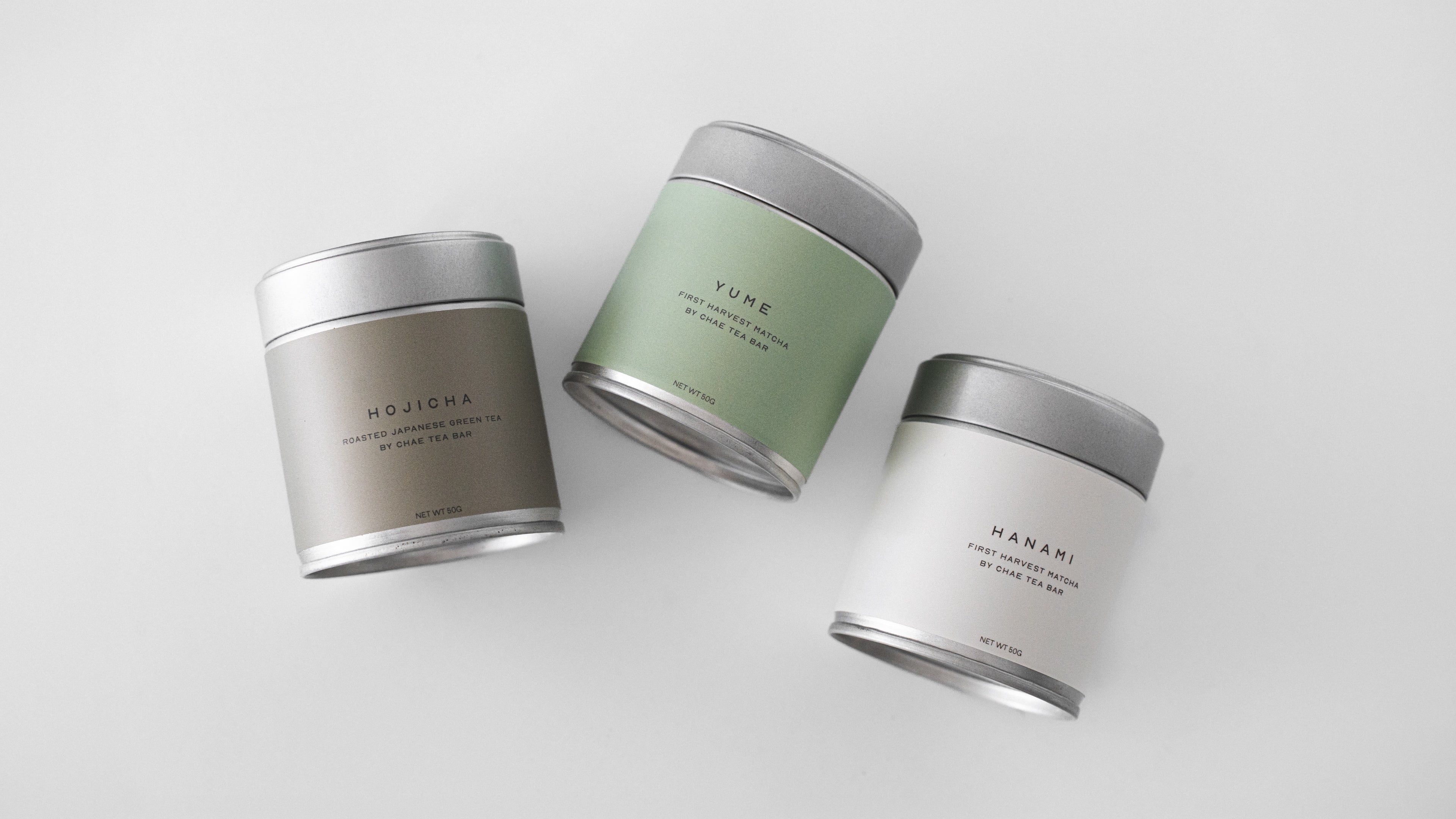 Chae Tea Bar matcha and hojicha tins